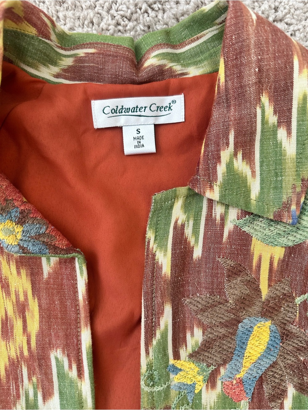 Coldwater Creek Linen Blend Embroidered Ikat Floral Jacket Small Boho Art Wear - Picture 2 of 5